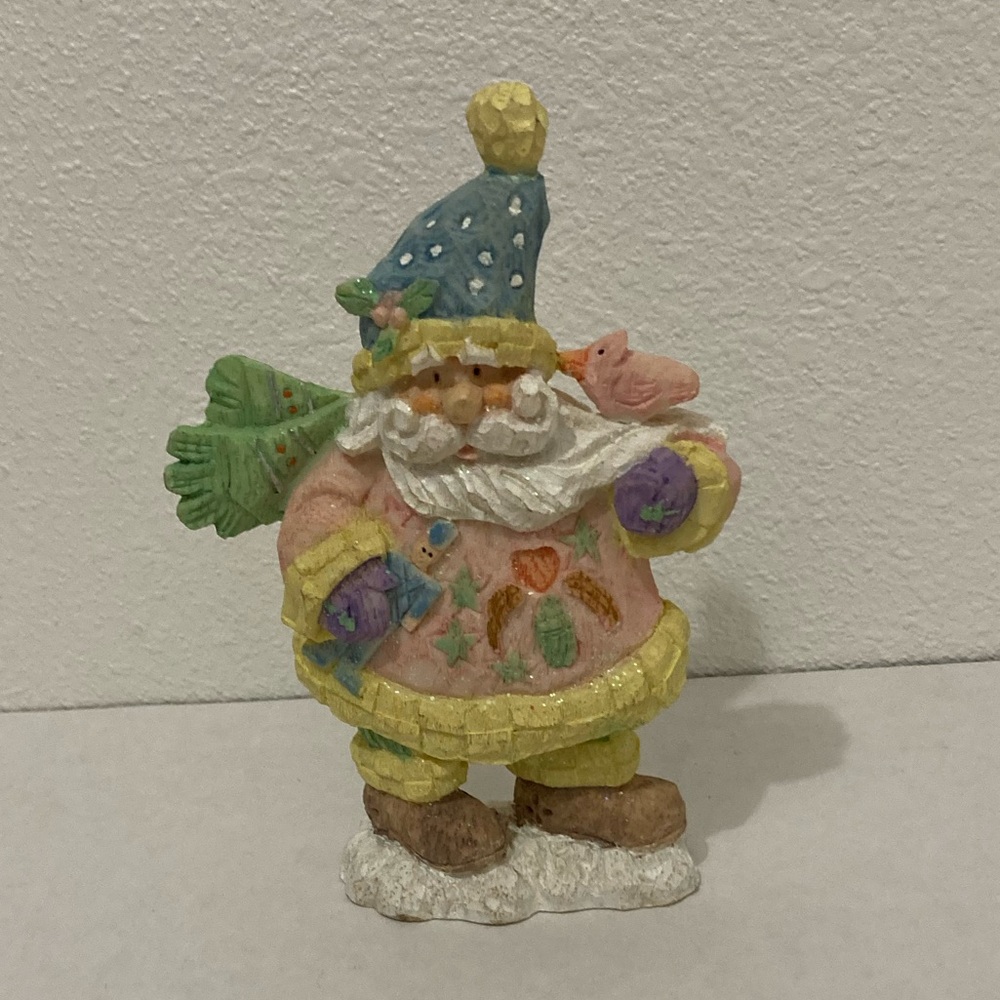 Christmas Santa Claus with bird Figurine pastel colors with glitter Resin